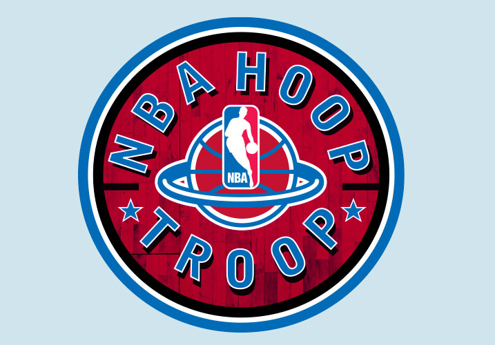 A red and blue logo for the nba hoop troop.