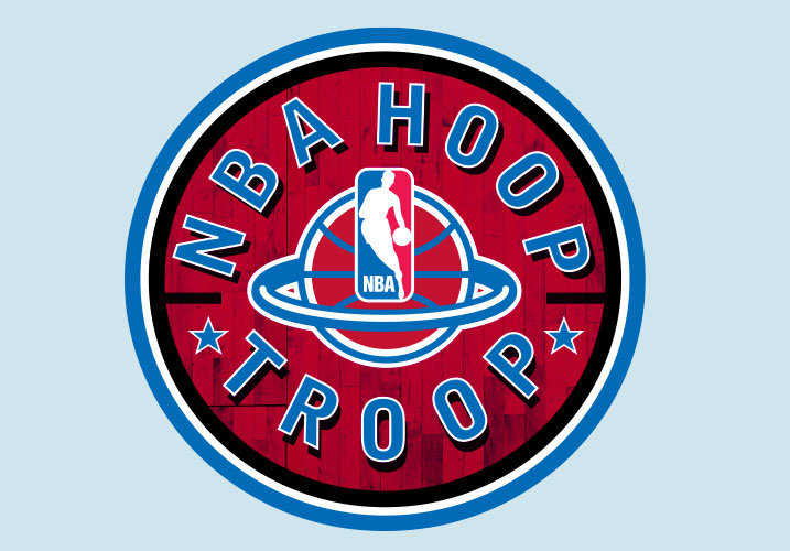 A red and blue logo for the nba hoop troop.