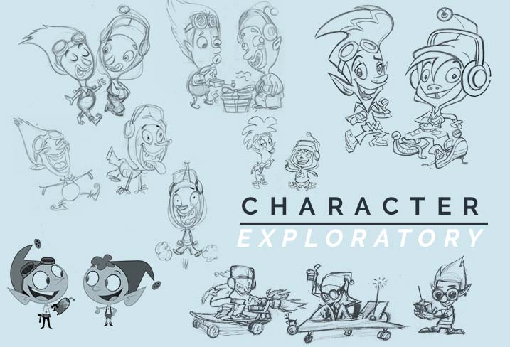 A bunch of cartoon characters are drawn in black and white