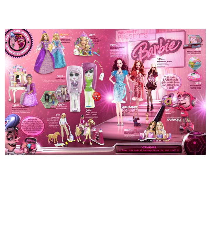 A pink background with many different images of barbie.