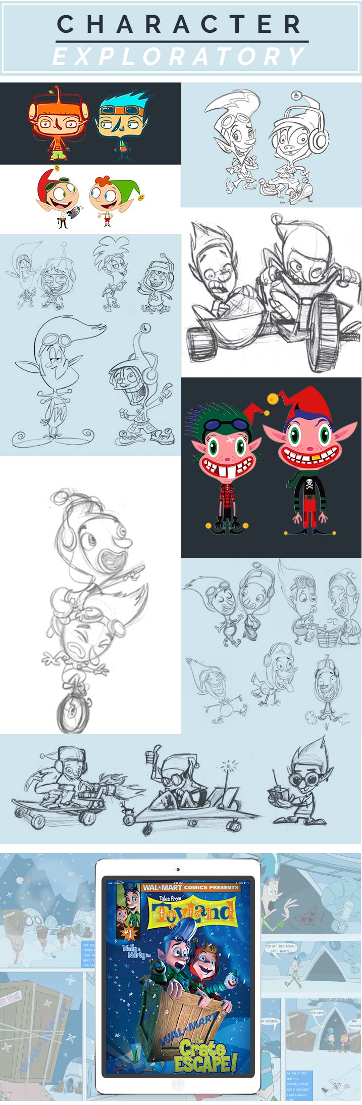 A series of drawings and sketches for cartoon characters.